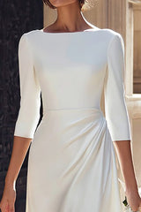 Ivory Satin A Line Bateau Neck Midi Wedding Dress