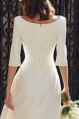 Ivory Satin A Line Bateau Neck Midi Wedding Dress
