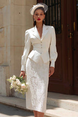 Ivory Notched Lapel 2 Piece Bodycon Midi Wedding Outfits with Sleeves