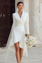 Ivory Shawl Lapel High Low Blazer Wedding Dress with Sleeves