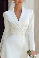 Ivory Shawl Lapel High Low Blazer Wedding Dress with Sleeves