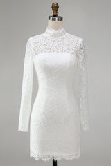 Vintage Ivory Lace Bodycon High Neck Short Wedding Dress with Sleeves