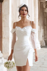 Ivory Cold Shoulder Bodycon Ruched Short Wedding Dress with Slit