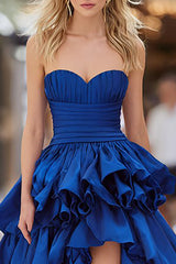 Dark Blue A-Line Ruffled Long Prom Dress with Slit