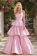 Pink Tiered Long Prom Dress with Ruffles