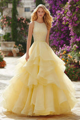 Sparkly Light Yellow Ruffled Long Prom Dress with Beading