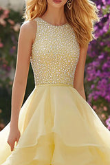 Sparkly Light Yellow Ruffled Long Prom Dress with Beading