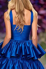 Dark Blue Tiered Ruffled Long Prom Dress with Slit