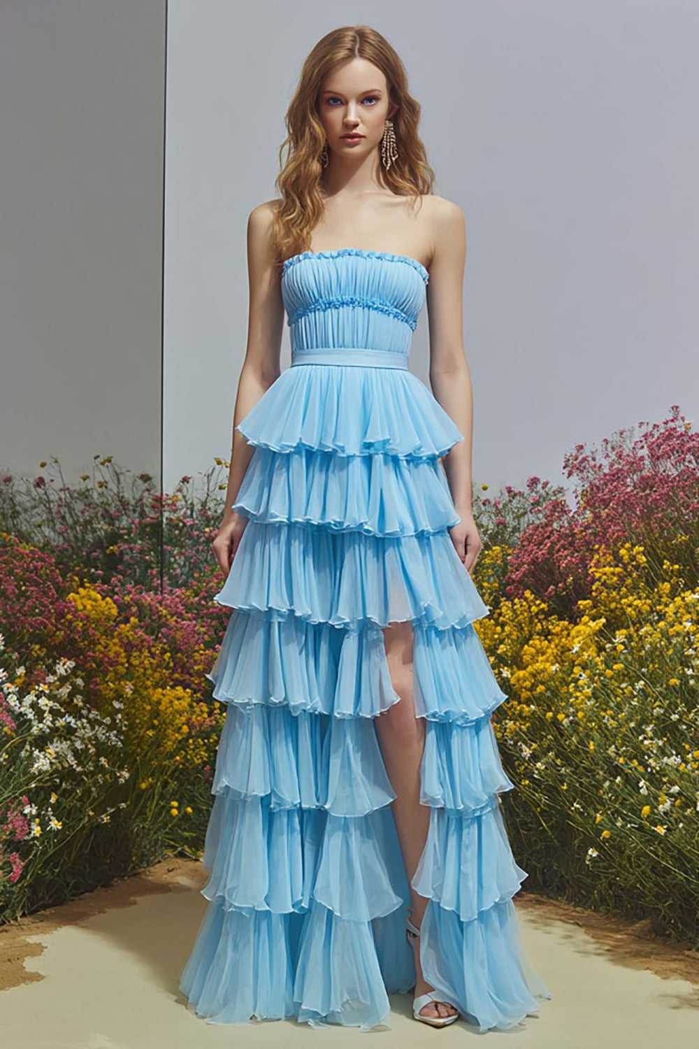 Sky Blue Tiered Ruffled Long Prom Dress with Slit