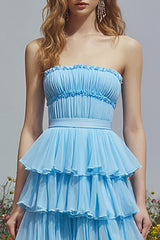 Sky Blue Tiered Ruffled Long Prom Dress with Slit