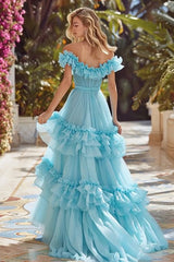 Sky Blue Tiered Princess Long Prom Dress with Ruffles