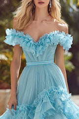 Sky Blue Tiered Princess Long Prom Dress with Ruffles