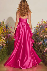 Sparkly Fuchsia Ruffled Long Prom Dress with Slit