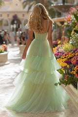 Light Green Corset Tiered Tulle Long Prom Dress with Ruffles