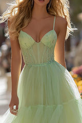 Light Green Corset Tiered Tulle Long Prom Dress with Ruffles