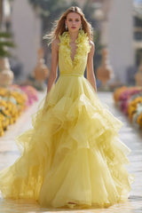Light Yellow Tiered Long Prom Dress with Ruffles