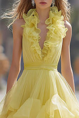 Light Yellow Tiered Long Prom Dress with Ruffles