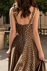 Brown Leopard Print Thick Straps A-Line Long Prom Dress