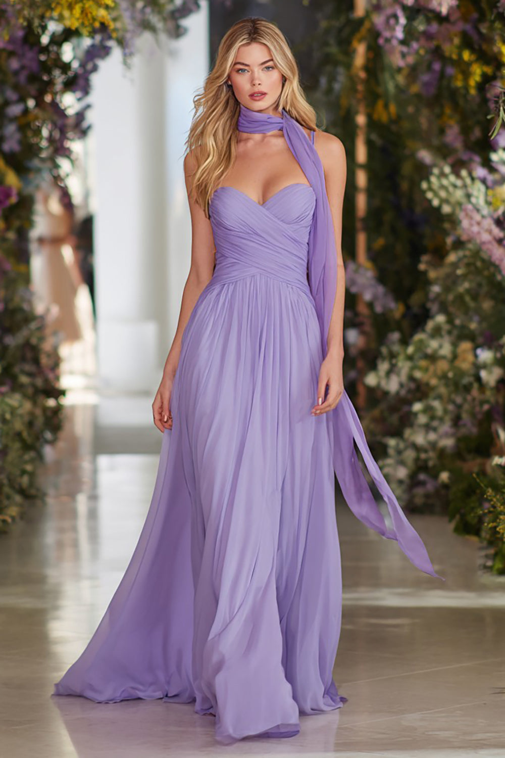 Lilac Sweetheart Neck Scarf A Line Long Prom Dress