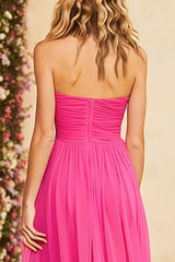 Fuchsia Halter Ruched A Line Long Prom Dress with Slit