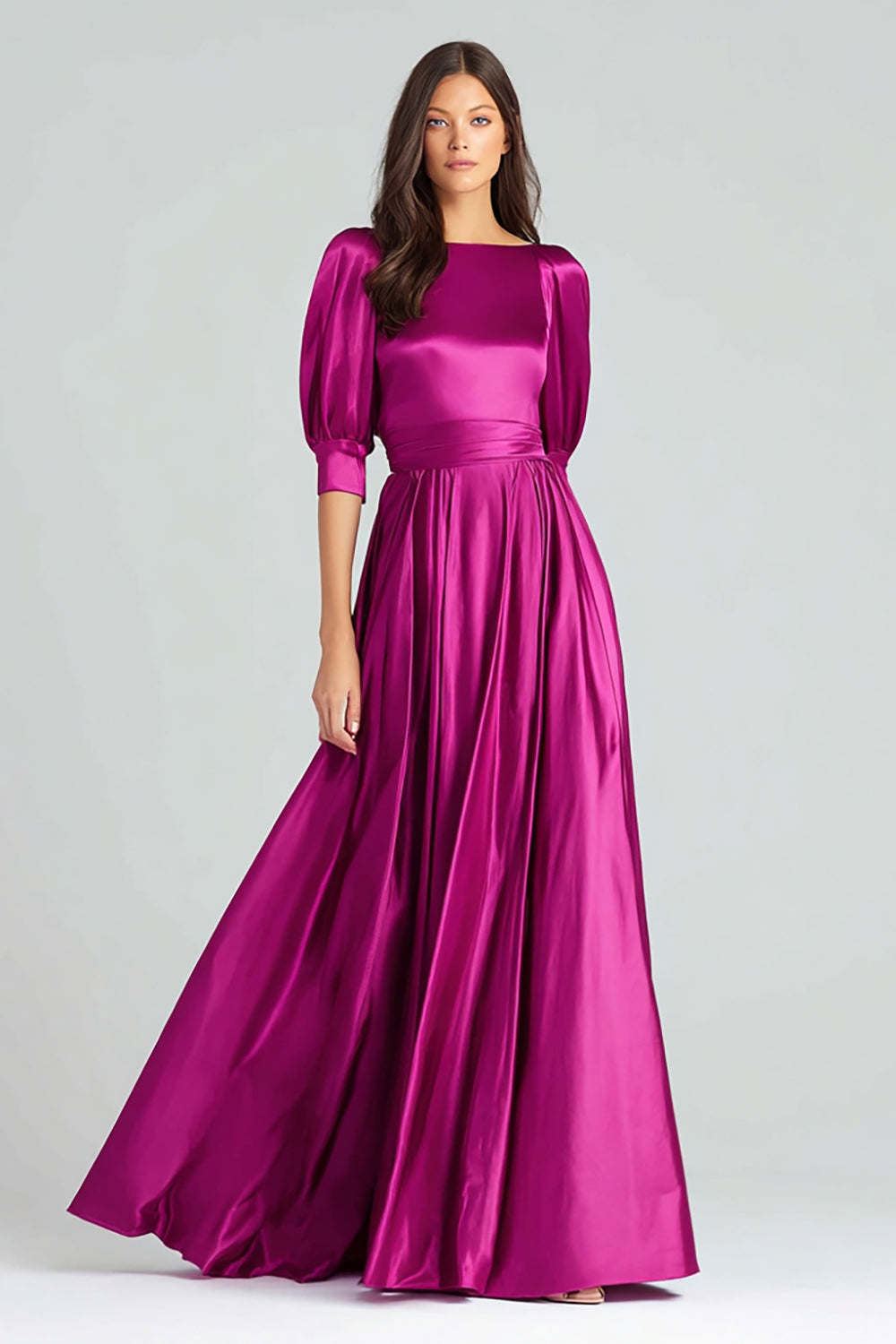 Fuchsia A-Line Bateau Neck Long Evening Dress with Sleeves