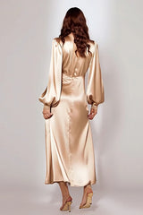 Champagne Satin Sheath V-Neck Long Sleeves Evening Dress