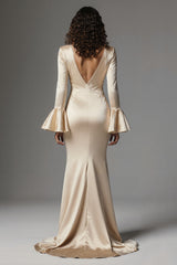 Champagne Mermaid Flare Sleeves Long Evening Dress with Slit