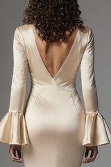Champagne Mermaid Flare Sleeves Long Evening Dress with Slit