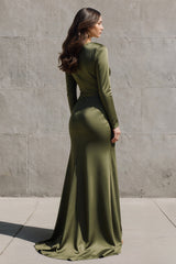 Olive Boat Neck Satin Mermaid Long Sleeves Evening Dress with Slit