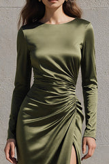 Olive Boat Neck Satin Mermaid Long Sleeves Evening Dress with Slit