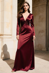 Burgundy Satin V-Neck Mermaid Long Sleeves Evening Dress