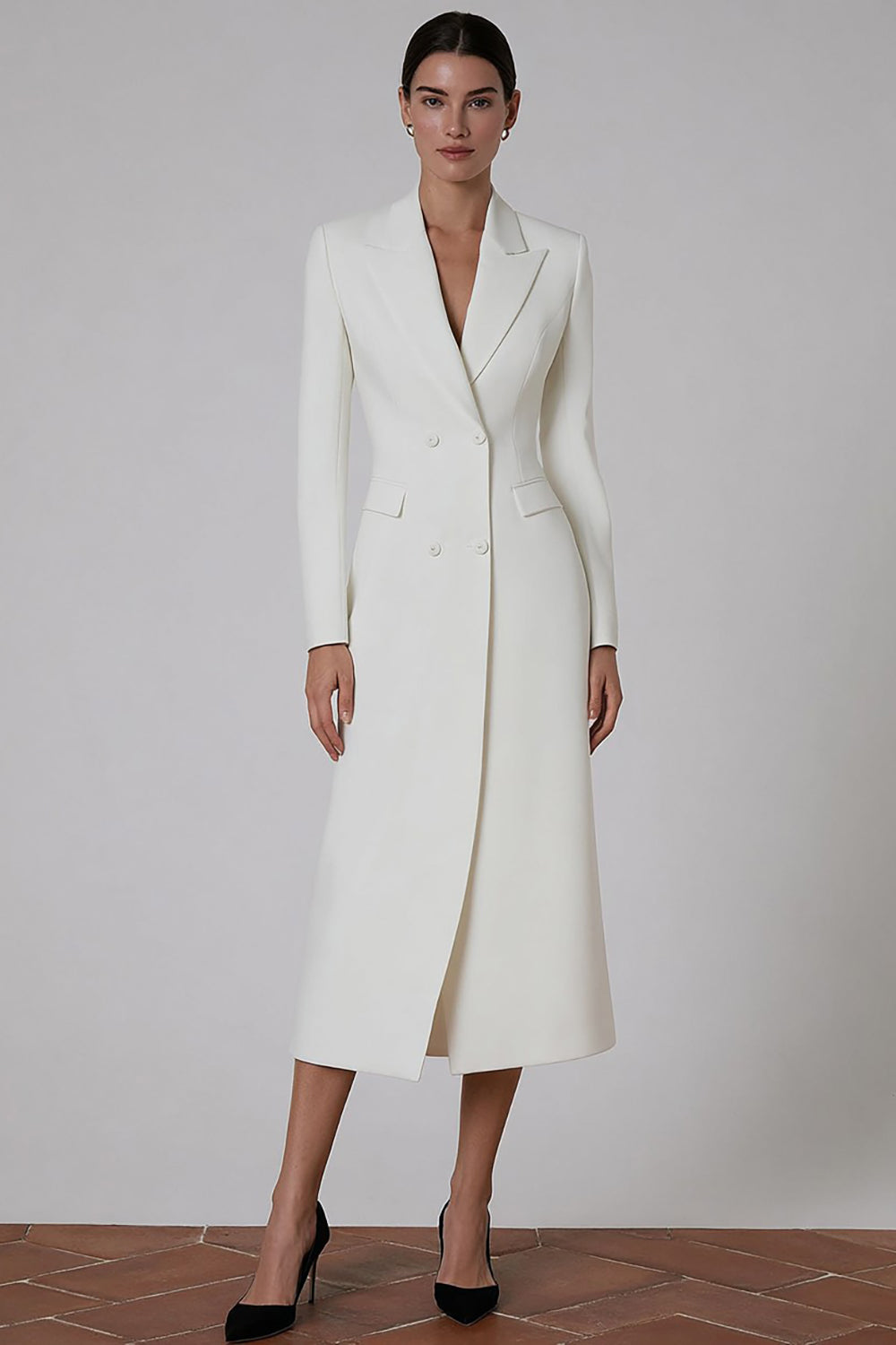 Ivory Double Breasted Peak Lapel Midi Blazer Dress