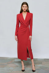Red Sheath One Button Peak Lapel Ruched Midi Blazer Dress with Slit
