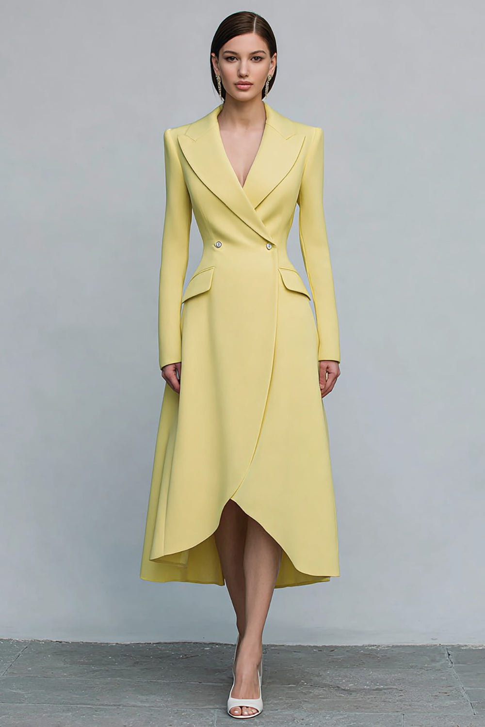 Yellow Double Breasted Peak Lapel Midi Blazer Dress with Sleeves