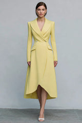 Yellow Double Breasted Peak Lapel Midi Blazer Dress with Sleeves