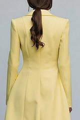Yellow Double Breasted Peak Lapel Midi Blazer Dress with Sleeves