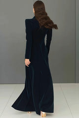 Navy Velvet Peak Lapel Single Breasted Long Blazer Dress with Slit