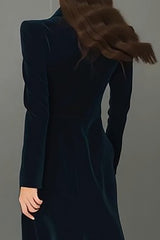 Navy Velvet Peak Lapel Single Breasted Long Blazer Dress with Slit