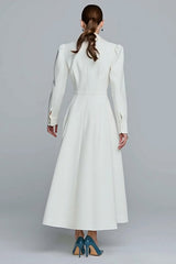 Ivory Single Breasted A-Line Long Blazer Dress with Sleeves
