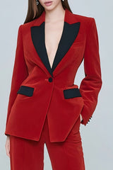 Red 2 Piece Velvet Peak Lapel One Button Prom Suits with Pockets