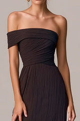 Coffee Sheath Asymmetrical Neck Long Formal Dress with Slit
