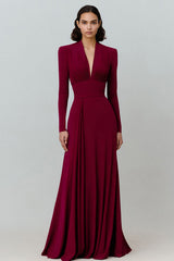 Burgundy V-Neck Pleated Long Sleeves Formal Dress