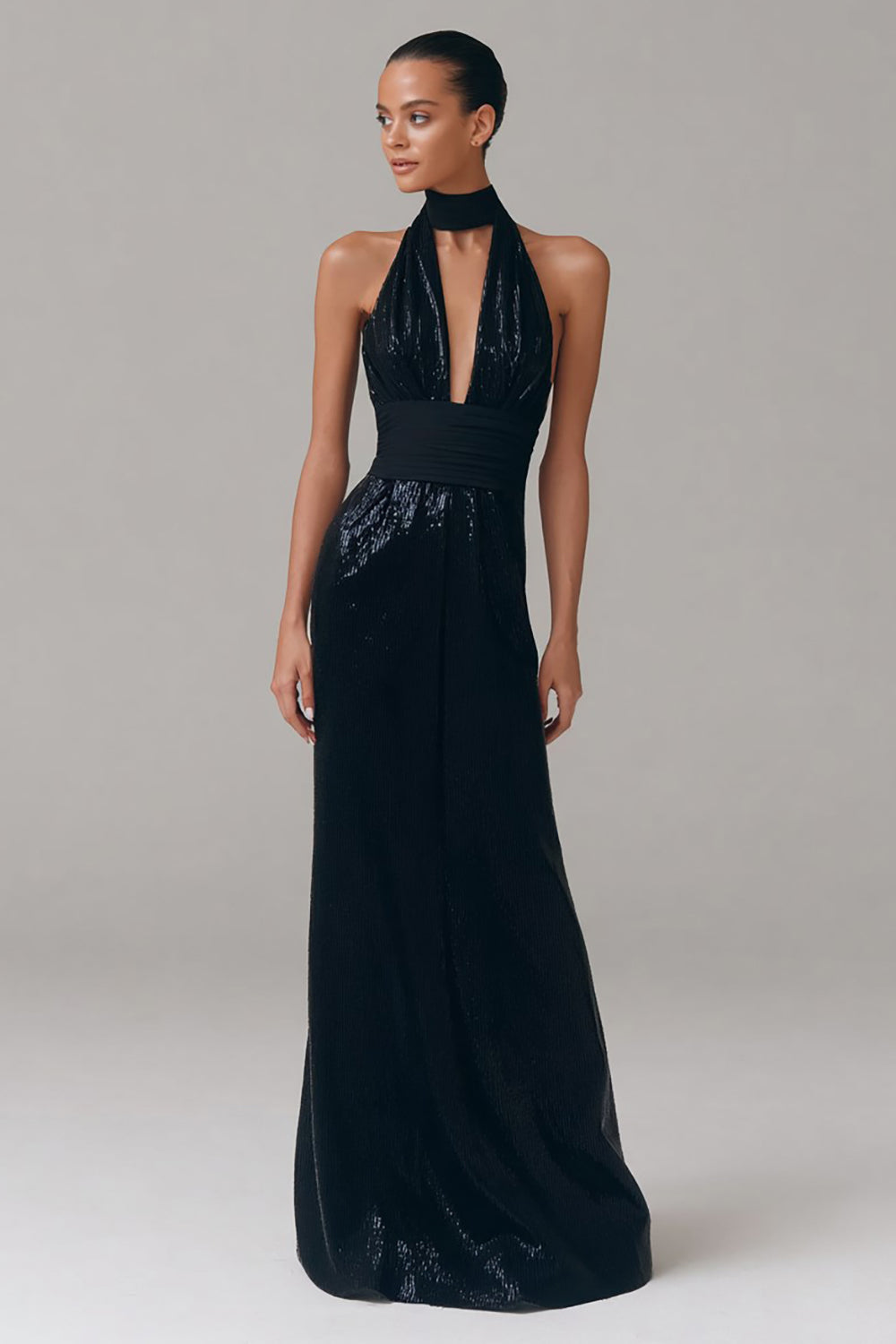 Glitter Halter Neck Long Black Tie Dress with Keyhole
