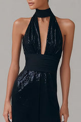 Glitter Halter Neck Long Black Tie Dress with Keyhole