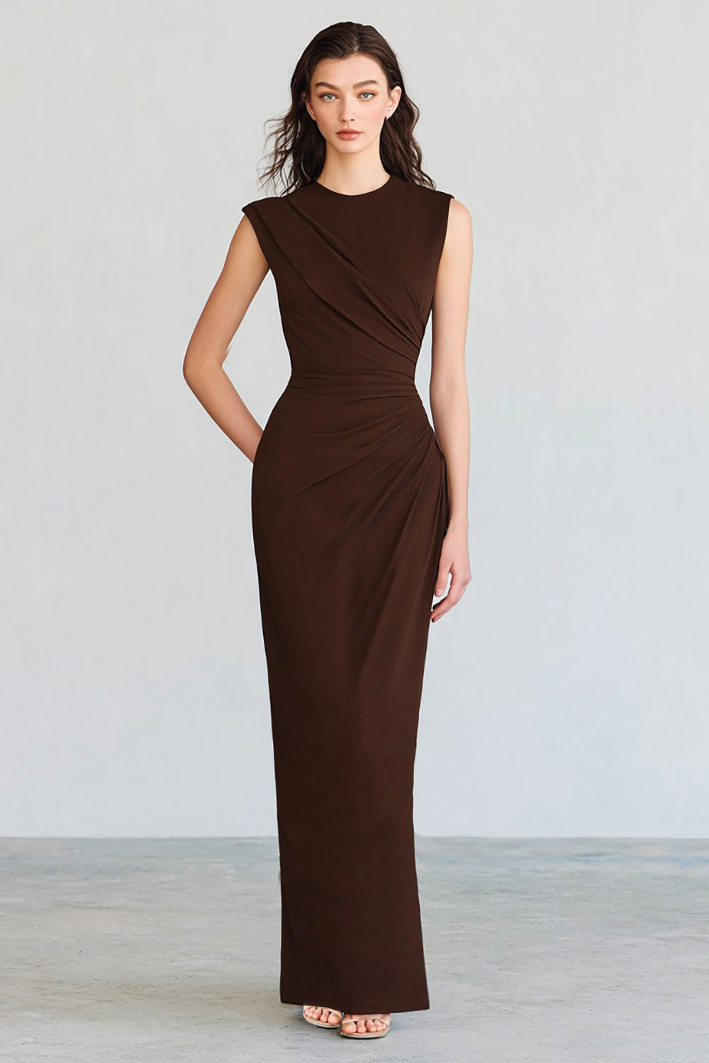 Coffee Mermaid Crew Neck Ruched Long Formal Dress