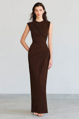 Coffee Mermaid Crew Neck Ruched Long Formal Dress