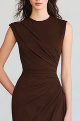 Coffee Mermaid Crew Neck Ruched Long Formal Dress