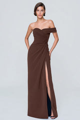 Coffee Asymmetrical Neck Ruched Long Formal Dress with Slit