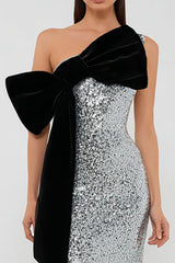 Sparkly Silver Sheath Sequins Long Formal Dress with Bow