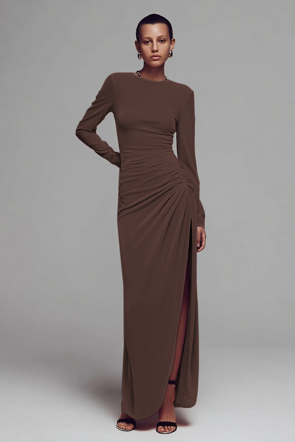 Coffee Velvet Crew Neck Ruched Long Formal Dress with Slit